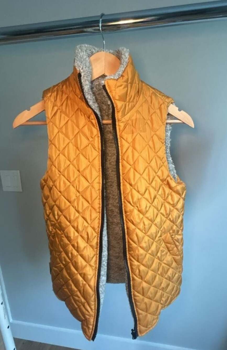 Simply Southern Mustard Yellow and Gray Reversible Sherpa Quilted Vest
